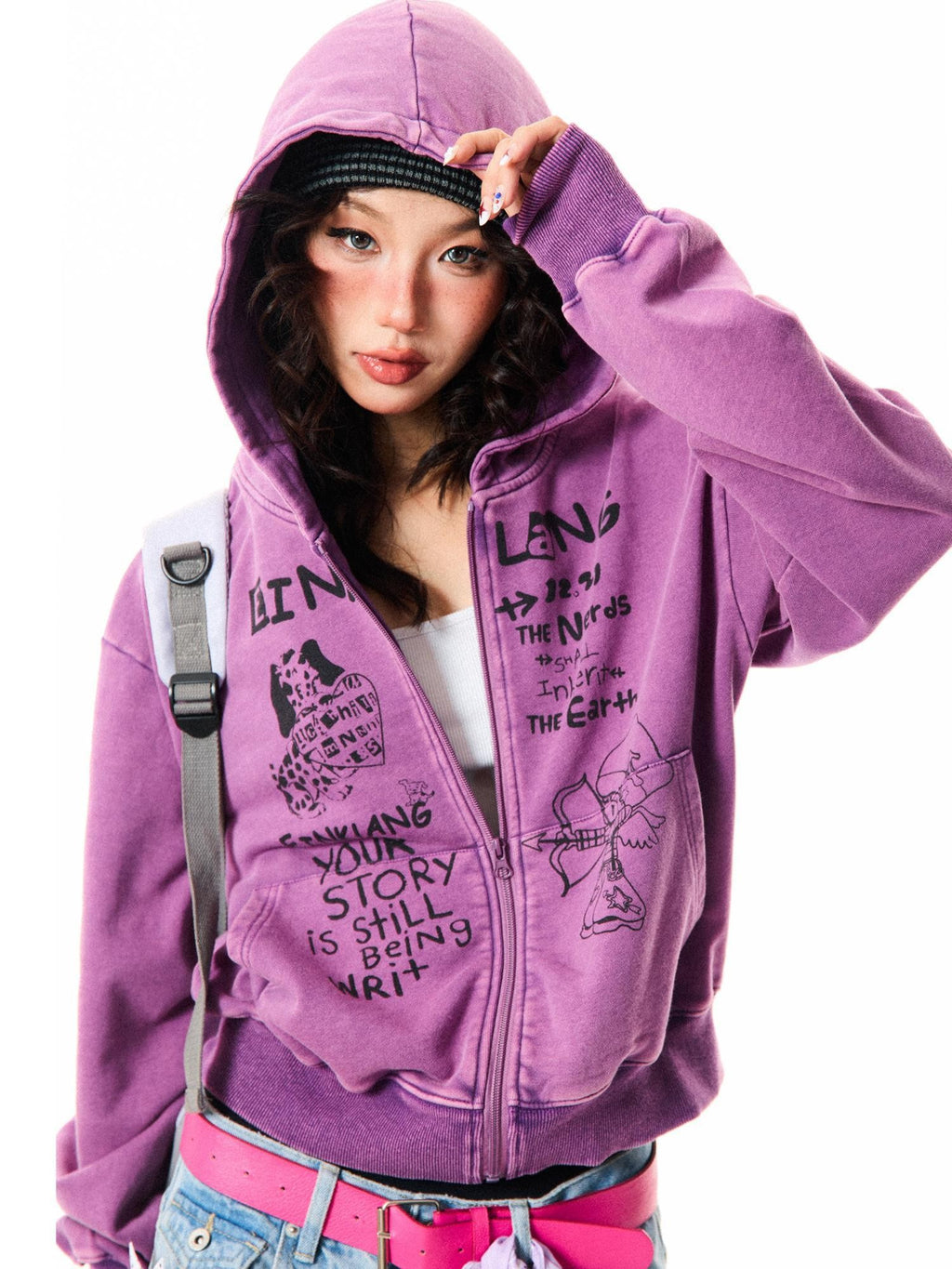 YOUNG STAGE Fun Print Loose Fit Zip Up Long Sleeve Women's Hoodies