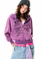 YOUNG STAGE Fun Print Loose Fit Zip Up Long Sleeve Women's Hoodies