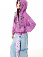 YOUNG STAGE Fun Print Loose Fit Zip Up Long Sleeve Women's Hoodies