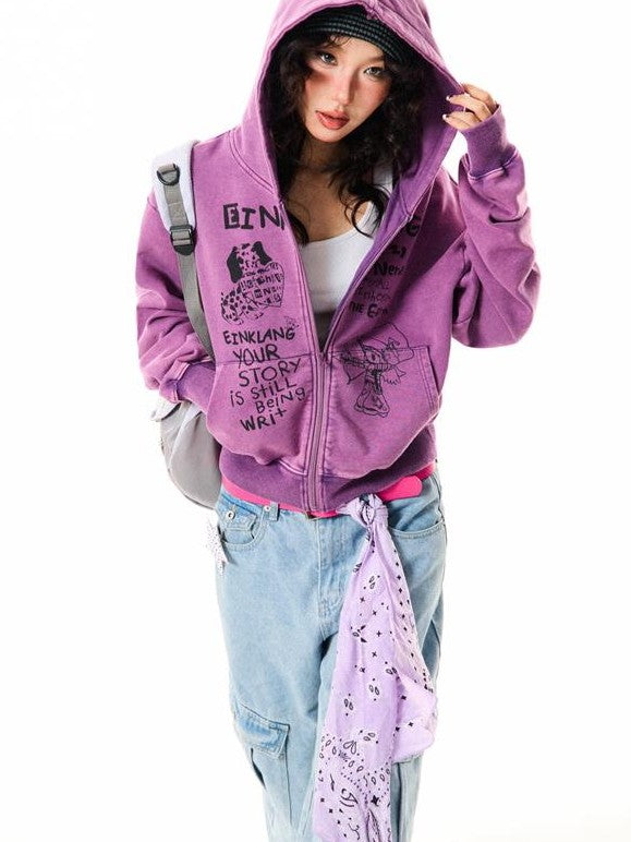 YOUNG STAGE Fun Print Loose Fit Zip Up Long Sleeve Women's Hoodies