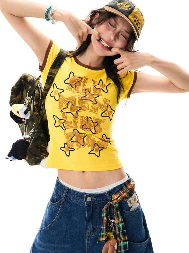 YOUNG STAGE Grunge Graffiti Contrast Print Women's Cotton Short Sleeve T-shirts