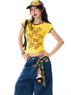 YOUNG STAGE Grunge Graffiti Contrast Print Women's Cotton Short Sleeve T-shirts