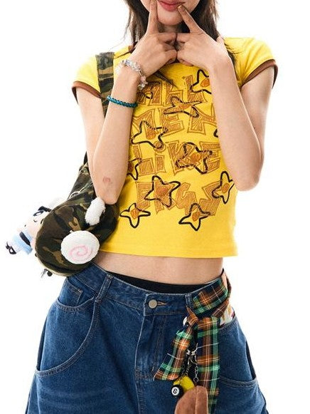 YOUNG STAGE Grunge Graffiti Contrast Print Women's Cotton Short Sleeve T-shirts