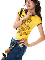 YOUNG STAGE Grunge Graffiti Contrast Print Women's Cotton Short Sleeve T-shirts