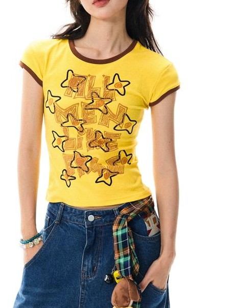 YOUNG STAGE Grunge Graffiti Contrast Print Women's Cotton Short Sleeve T-shirts