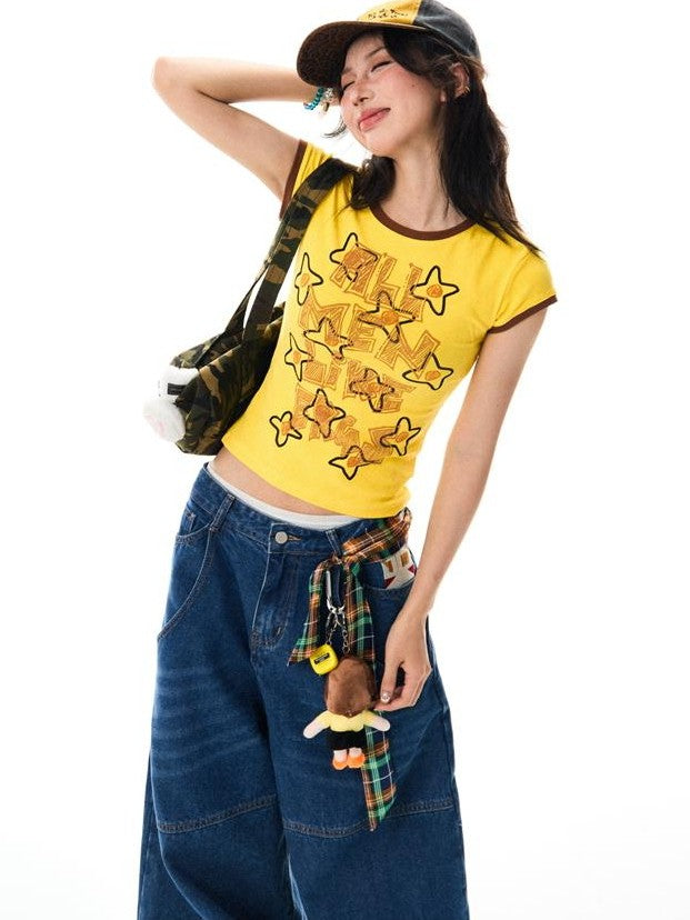 YOUNG STAGE Grunge Graffiti Contrast Print Women's Cotton Short Sleeve T-shirts