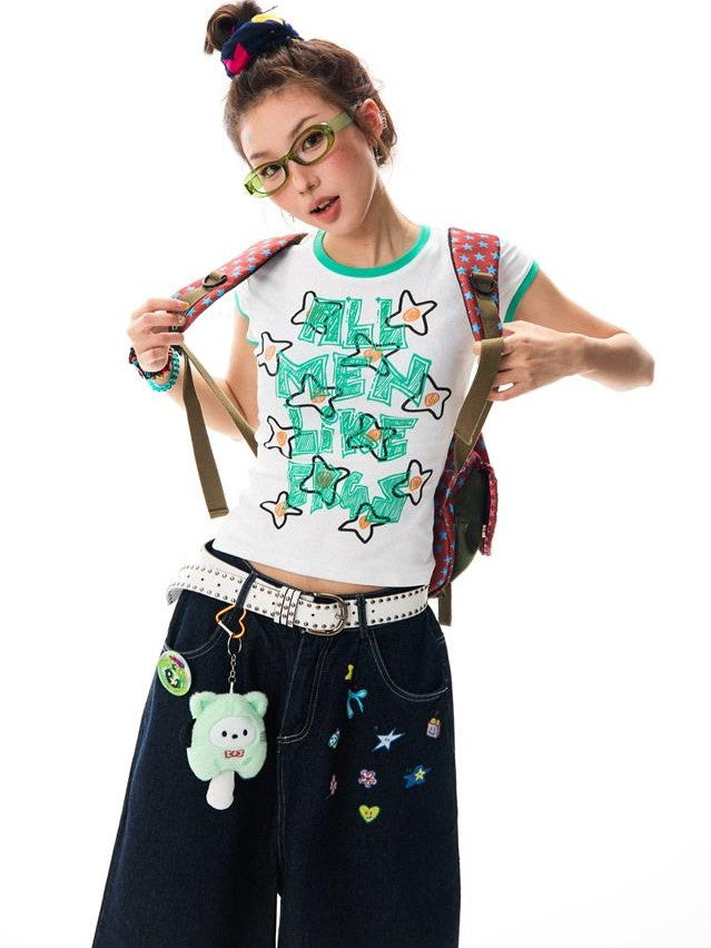 YOUNG STAGE Grunge Graffiti Contrast Print Women's Cotton Short Sleeve T-shirts