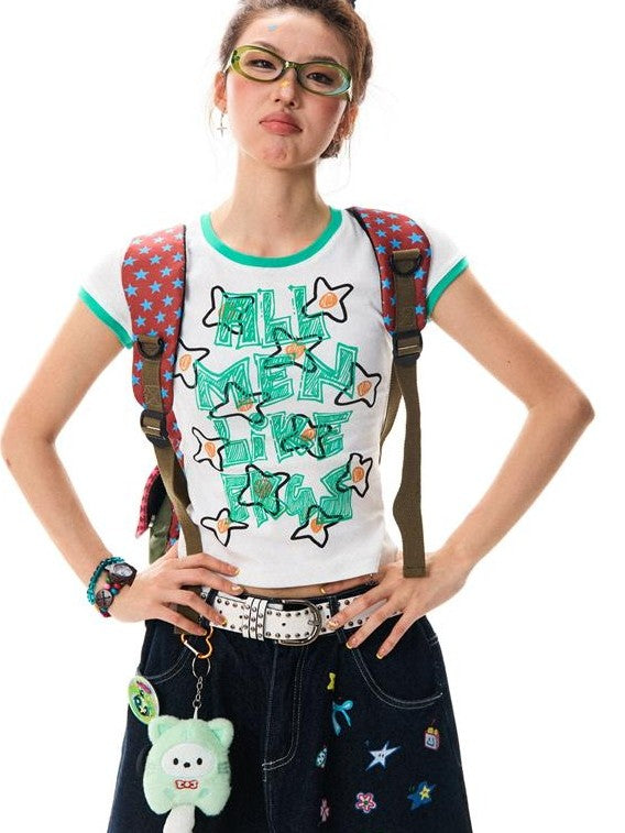 YOUNG STAGE Grunge Graffiti Contrast Print Women's Cotton Short Sleeve T-shirts
