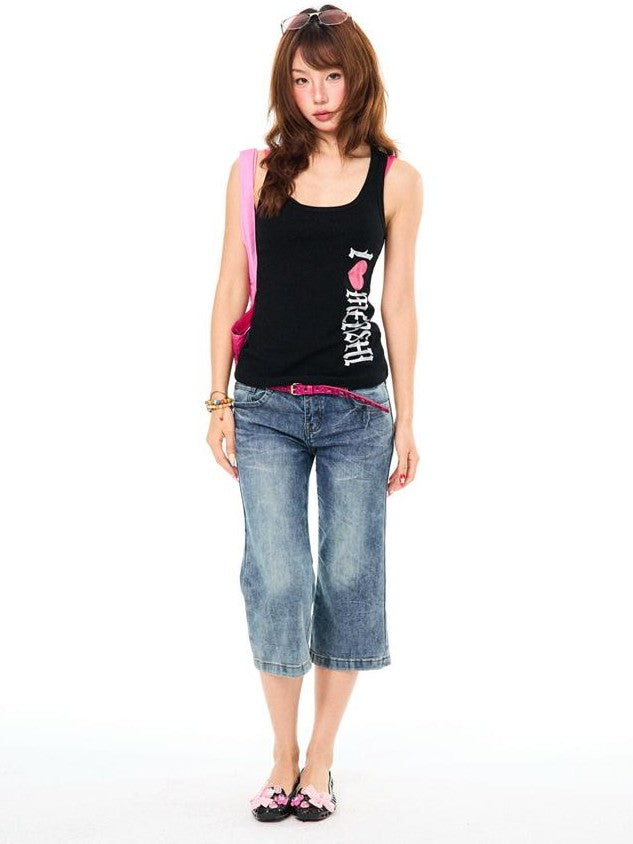 YOUNG STAGE Heart Letter Print U Neck Slim Fit Women's Cotton Tank Tops