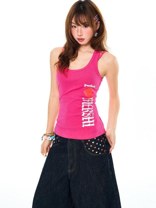 YOUNG STAGE Heart Letter Print U Neck Slim Fit Women's Cotton Tank Tops