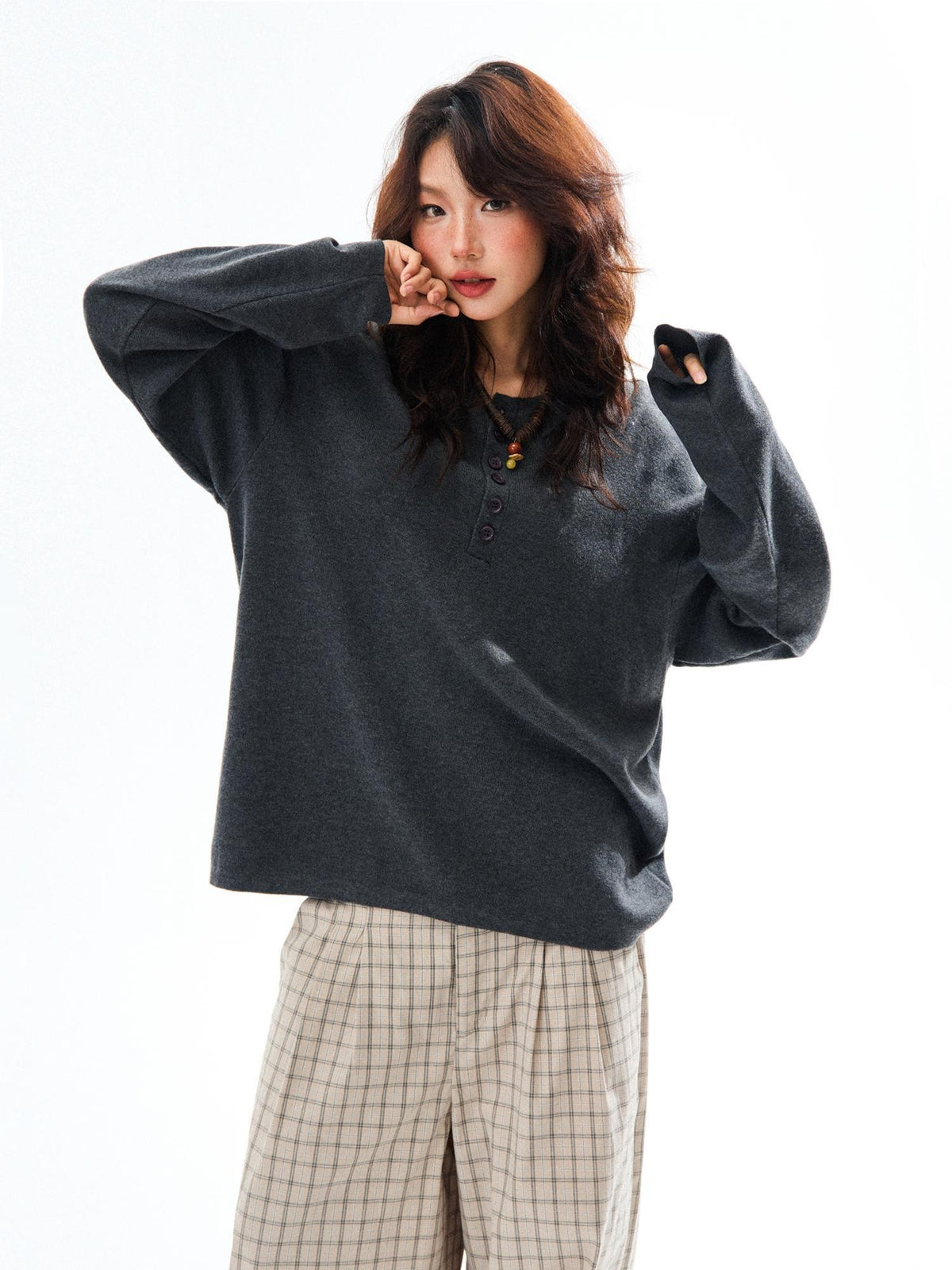 YOUNG STAGE Henley Neck Wool Blend Straight Fit Women's Sweaters