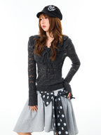 YOUNG STAGE Hollow Out Knit Ruffled Trim Women's Long Sleeve T-shirts