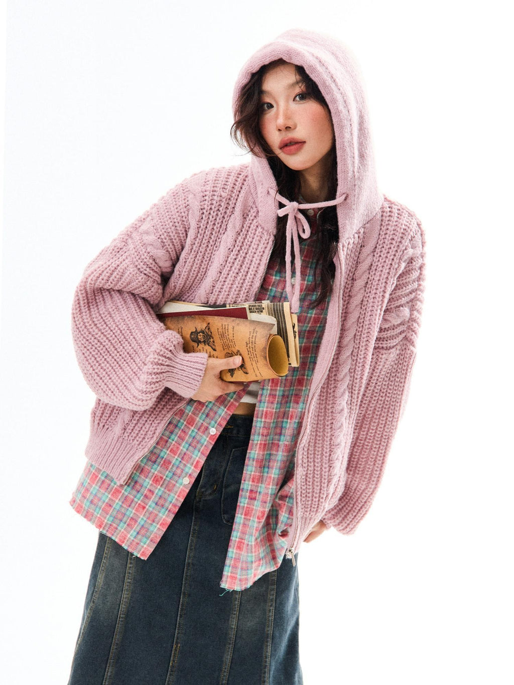 YOUNG STAGE Hooded Cable Knit Loose Fit Women's Polyester Cardigans