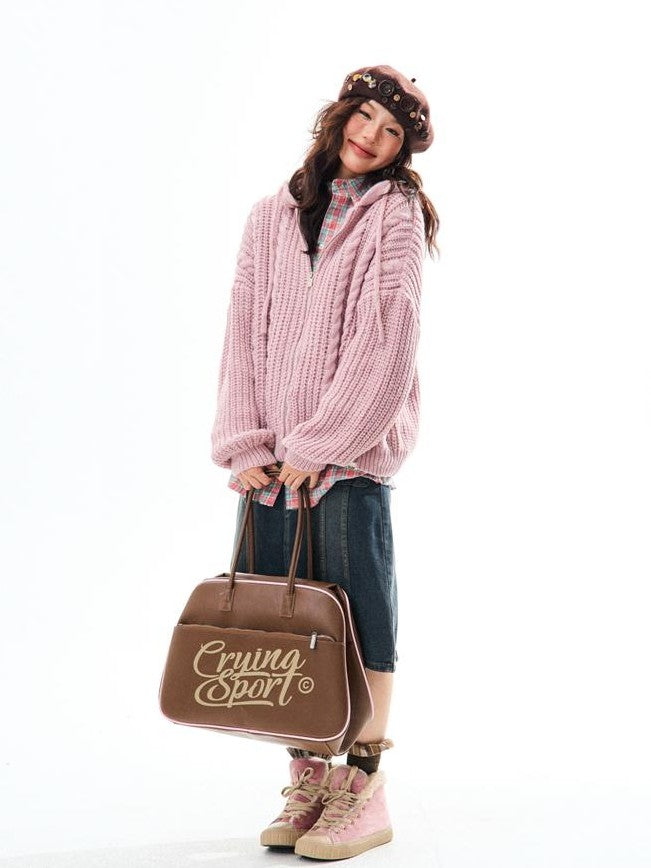 YOUNG STAGE Hooded Cable Knit Loose Fit Women's Polyester Cardigans