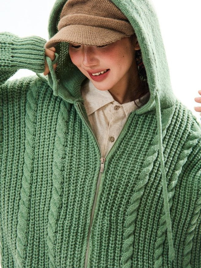 YOUNG STAGE Hooded Cable Knit Loose Fit Women's Polyester Cardigans