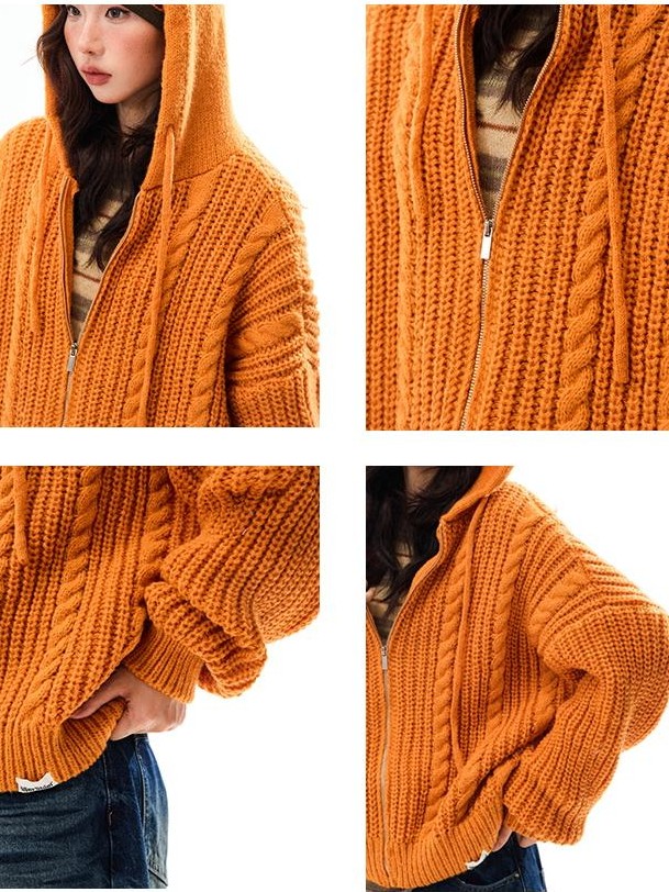 YOUNG STAGE Hooded Cable Knit Loose Fit Women's Polyester Cardigans