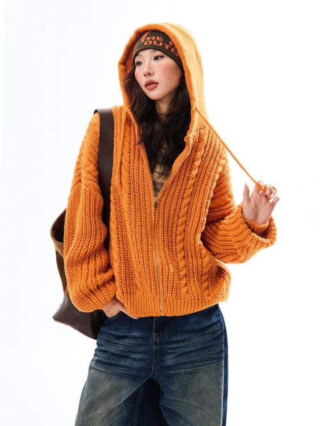 YOUNG STAGE Hooded Cable Knit Loose Fit Women's Polyester Cardigans