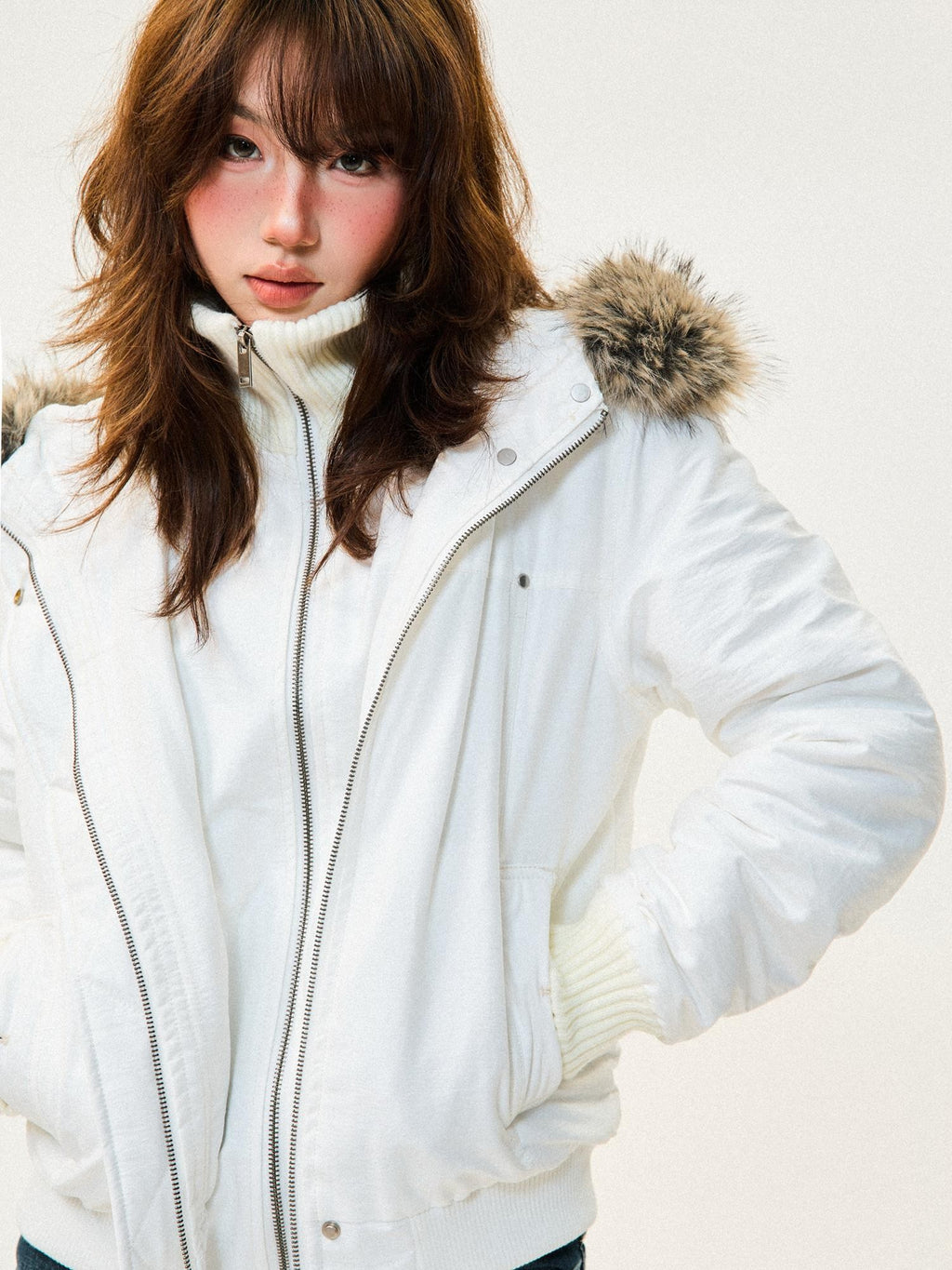 YOUNG STAGE Hooded Double Breasted Faux Fur Collar Quilted Women's Puffer Jackets