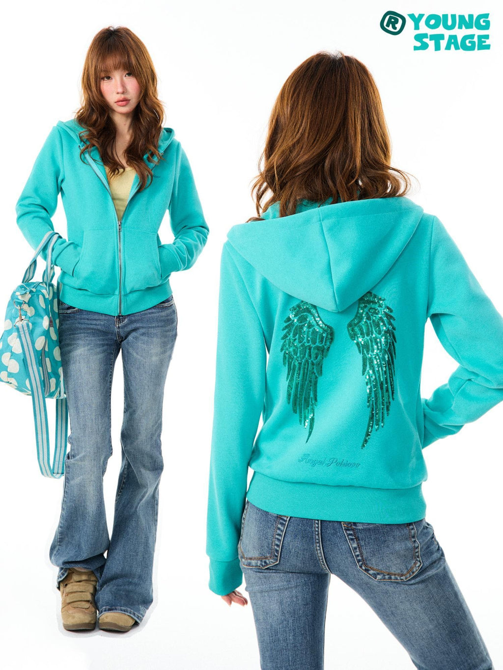YOUNG STAGE Korean Letter Embroidered Sequin Wings Zip Up Slim Fit Cotton Women's Hoodies