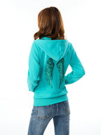 YOUNG STAGE Korean Letter Embroidered Sequin Wings Zip Up Slim Fit Cotton Women's Hoodies