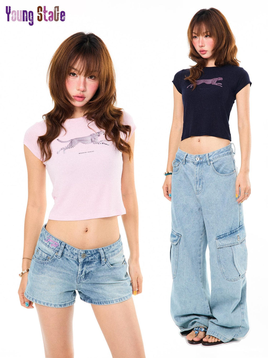 YOUNG STAGE Leopard Print Short Sleeve Slim Fit Round Neck Women's Crop Tops
