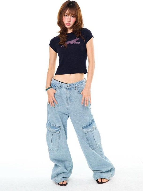 YOUNG STAGE Leopard Print Short Sleeve Slim Fit Round Neck Women's Crop Tops