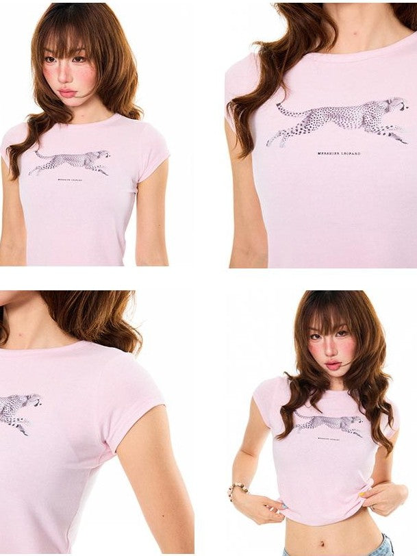 YOUNG STAGE Leopard Print Short Sleeve Slim Fit Round Neck Women's Crop Tops