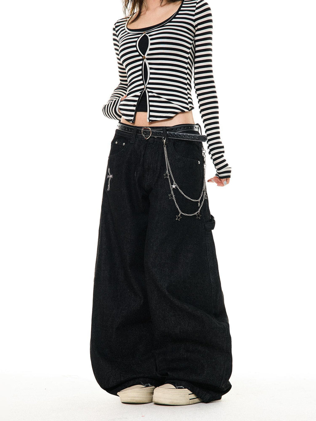 YOUNG STAGE Leopard Rhinestone Cross Print Women's Wide-leg Jeans