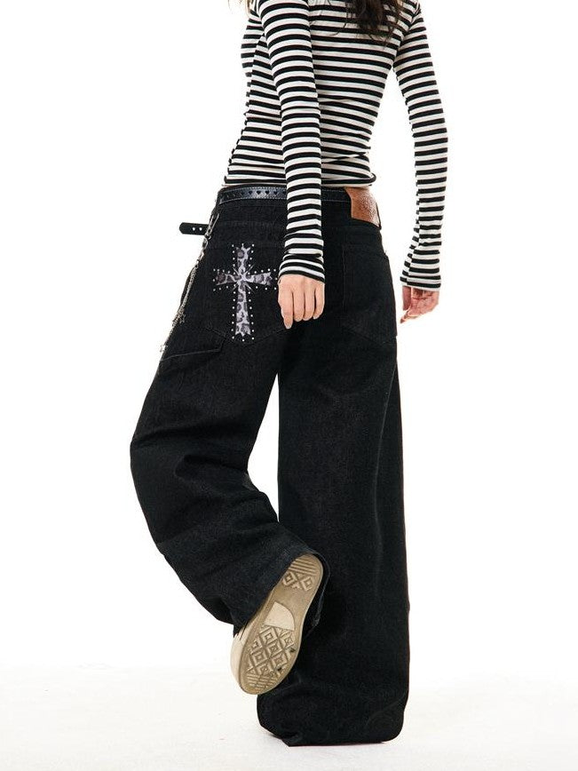 YOUNG STAGE Leopard Rhinestone Cross Print Women's Wide-leg Jeans