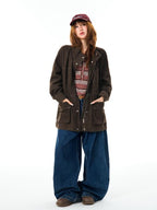 YOUNG STAGE Multi Pocket Stand Collar Loose Cotton Women's Utility Jackets