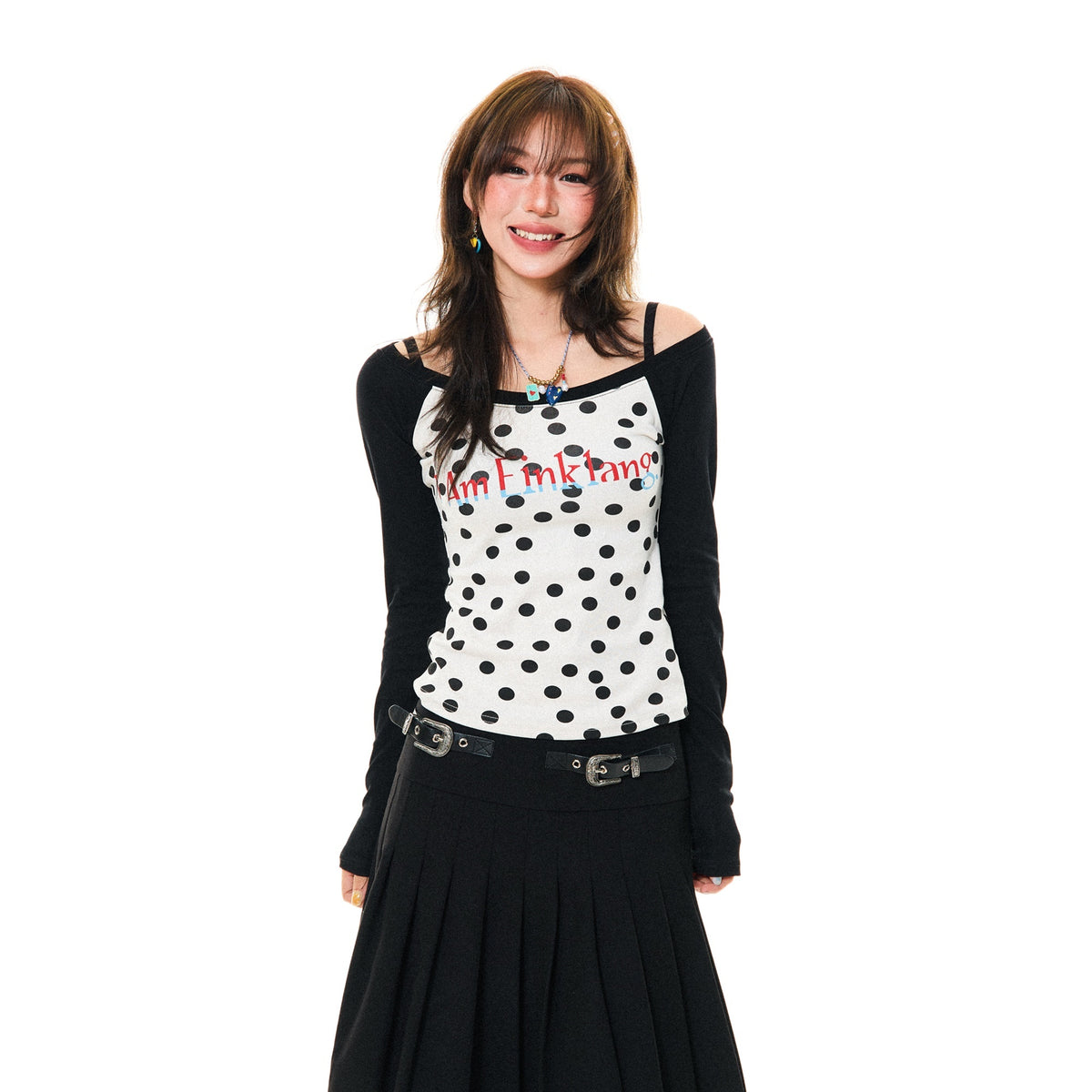 YOUNG_STAGE_Off_Shoulder_Polka_Dot_Color_Block_Slim_Fit_Women's_Cotton_Long_Sleeve_T-shirts_1008509937443_MISSTT