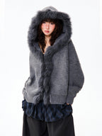 YOUNG STAGE Oversized Faux Fur Trim Hooded Knit Women's Cardigans