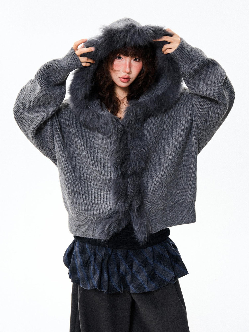 YOUNG STAGE Oversized Faux Fur Trim Hooded Knit Women's Cardigans