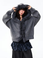 YOUNG STAGE Oversized Faux Fur Trim Hooded Knit Women's Cardigans