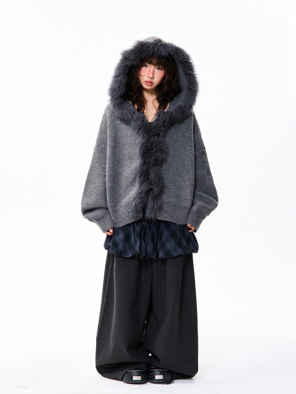 YOUNG STAGE Oversized Faux Fur Trim Hooded Knit Women's Cardigans