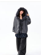 YOUNG STAGE Oversized Faux Fur Trim Hooded Knit Women's Cardigans