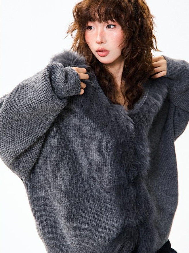 YOUNG STAGE Oversized Faux Fur Trim Hooded Knit Women's Cardigans