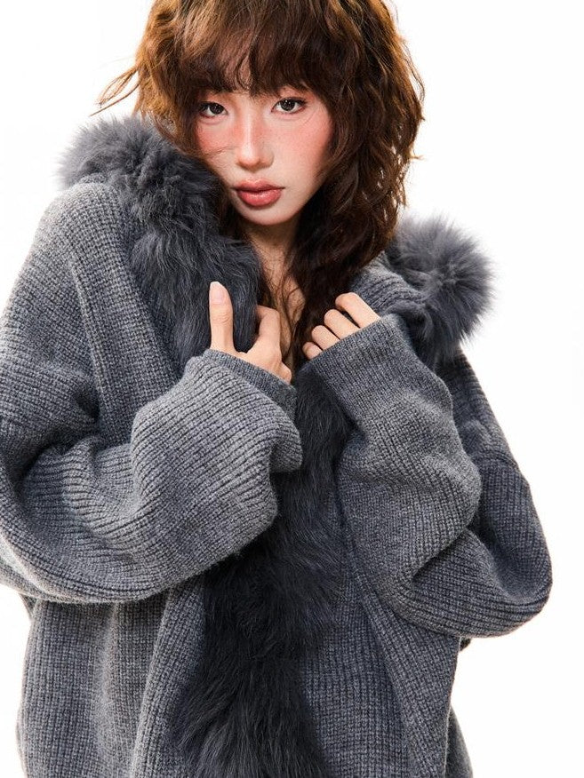 YOUNG STAGE Oversized Faux Fur Trim Hooded Knit Women's Cardigans