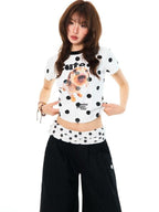 YOUNG STAGE Polka Dot Dog Print Contrast Color Women's Cotton Crop Tops