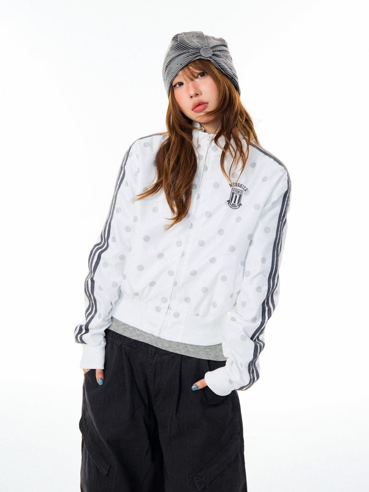 YOUNG_STAGE_Polka_Dot_Striped_Print_Stand_Collar_Women's_Polyester_Lightweight_Jackets_1080406245085_MISSTT