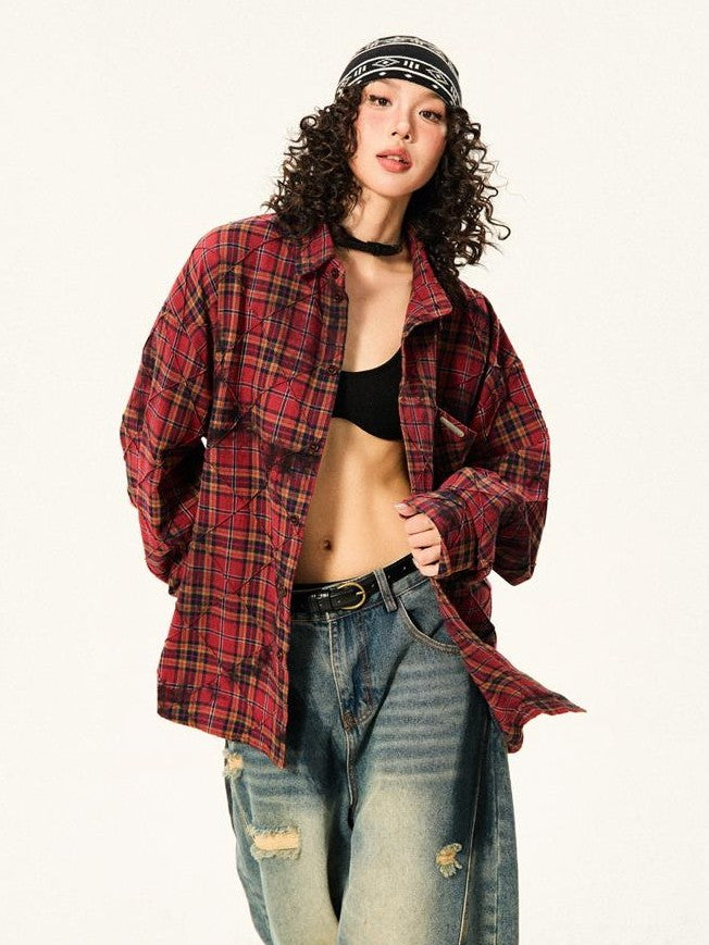 YOUNG STAGE Red Plaid Loose Button Front Long Sleeve Pure Cotton Women's Shirts