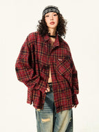 YOUNG STAGE Red Plaid Loose Button Front Long Sleeve Pure Cotton Women's Shirts