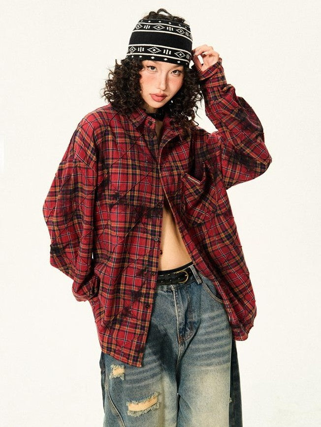 YOUNG STAGE Red Plaid Loose Button Front Long Sleeve Pure Cotton Women's Shirts