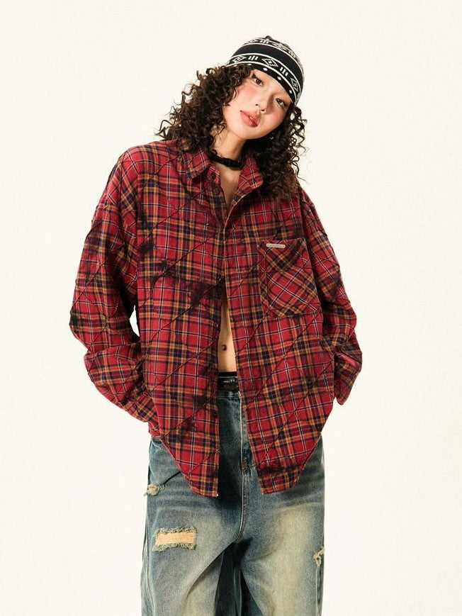 YOUNG STAGE Red Plaid Loose Button Front Long Sleeve Pure Cotton Women's Shirts