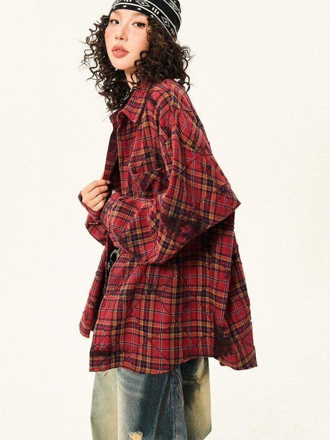 YOUNG STAGE Red Plaid Loose Button Front Long Sleeve Pure Cotton Women's Shirts