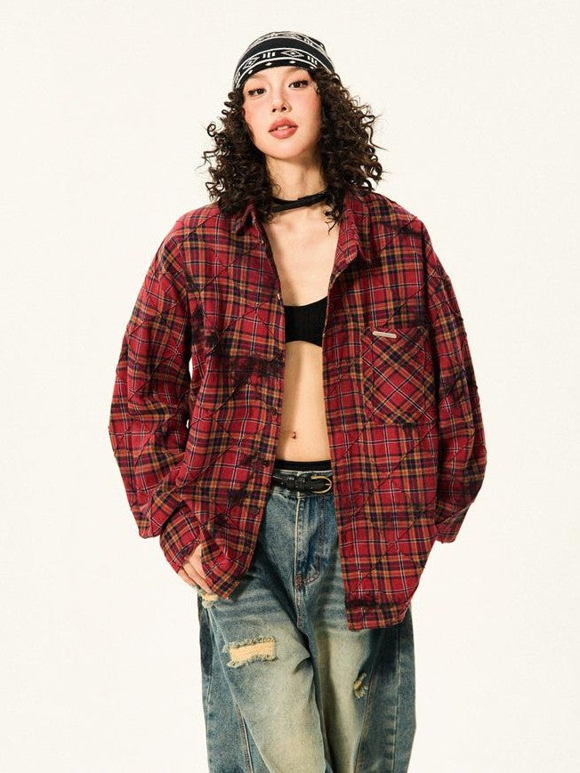 YOUNG STAGE Red Plaid Loose Button Front Long Sleeve Pure Cotton Women's Shirts