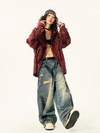 YOUNG STAGE Red Plaid Loose Button Front Long Sleeve Pure Cotton Women's Shirts