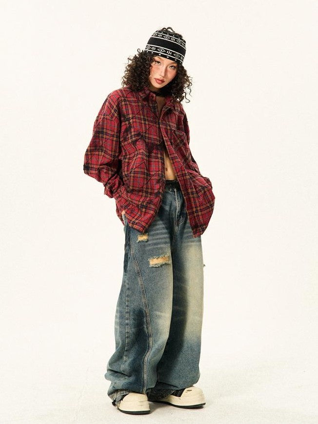 YOUNG STAGE Red Plaid Loose Button Front Long Sleeve Pure Cotton Women's Shirts