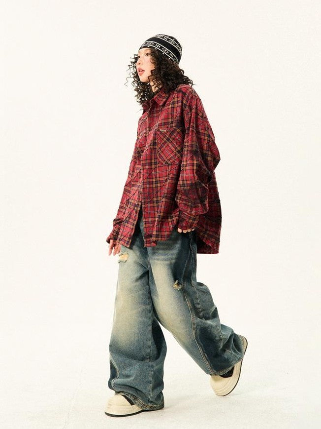 YOUNG STAGE Red Plaid Loose Button Front Long Sleeve Pure Cotton Women's Shirts