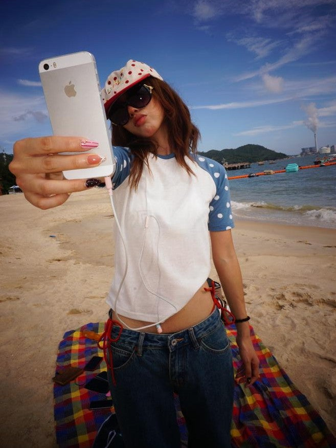 YOUNG STAGE Retro Polka Dot Color Block Sheer Raglan Sleeve Women's Slim Fit Short Sleeve T-shirts